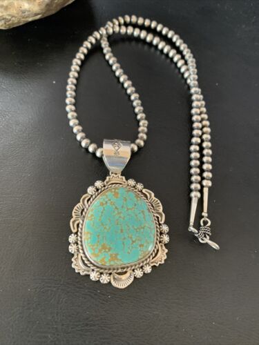 Navajo Blue #8 Turquoise Pendant Necklace | Sterling Silver | Authentic Native American Handmade | 10228