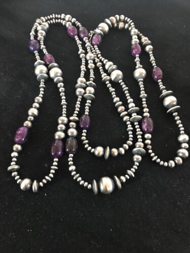 Navajo Pearls Necklace | Sterling Silver Sugilite Beads | 70" | Authentic Native American Handmade | 8052