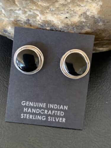 Navajo Black Onyx Stud Post Earrings | Sterling Silver | 0.5" | Authentic Native American Handmade | 12642