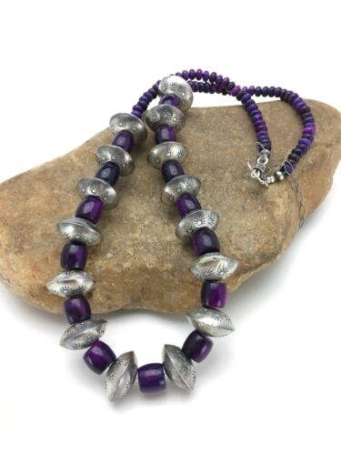 Navajo Sugilite Necklace | Sterling Silver Stamped Beads | 22" | Authentic Native American Handmade | 2702