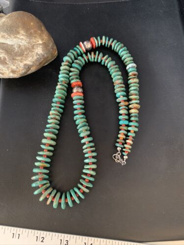 Navajo Green Turquoise & Spiny Oyster Necklace | Sterling Silver | Authentic Native American | 26" | 13908