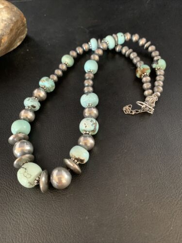 Dry Creek Turquoise Navajo Pearls Beaded Necklace | Sterling Silver | 21" | Authentic Native American Handmade | 14102 - Masha USA