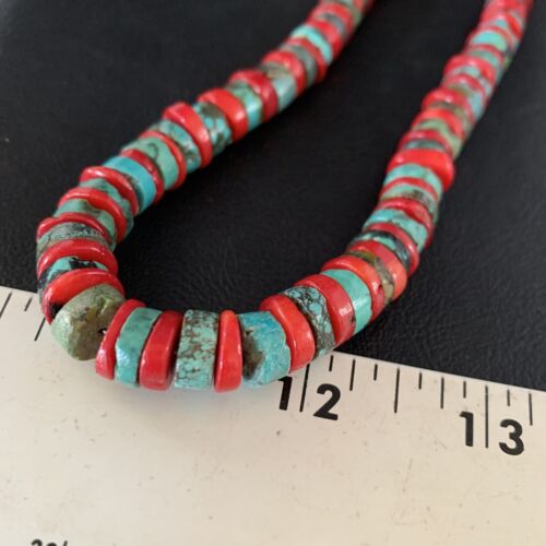Southwestern Men's Heishi Turquoise Coral Necklace | Sterling Silver | Authentic Native American Handmade | 23" | 13927
