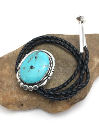 Southwestern Bolo Tie | Navajo Kingman Turquoise | Sterling Silver | Handmade by Yazzie | 2995