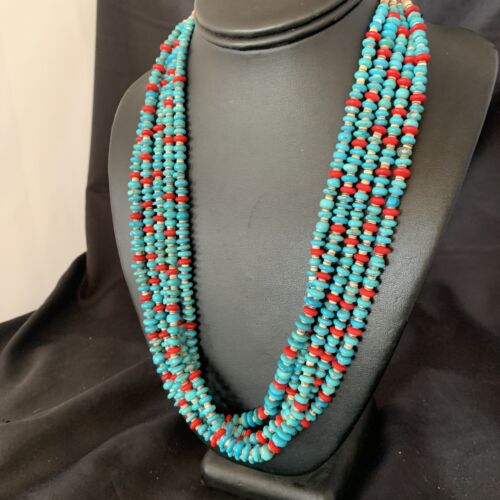 Southwestern Santo Domingo Coral Spiny Blue Turquoise Necklace | 5 Strand | 22" | 12049