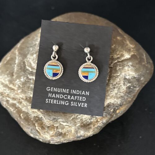 Navajo Multi-Color Turquoise Spiny Lapis Inlay Earrings | Sterling Silver | Authentic Native American Handmade | 14653