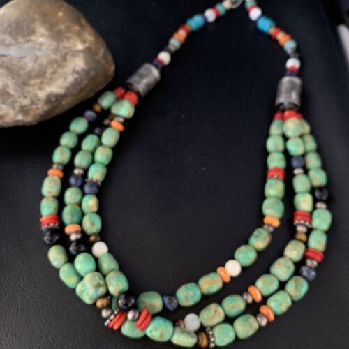 Multi-Color Green Turquoise Spiny Lapis Necklace | 3-Strand Sterling Silver | 13954