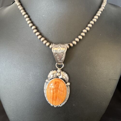 Navajo Pearls Orange Spiny Oyster Necklace Pendant | Sterling Silver | Authentic Native American Handmade | 14718