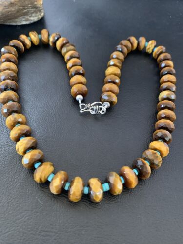 Southwestern Navajo Tigers Eye Necklace with Turquoise | Sterling Silver | 19" | 1496
