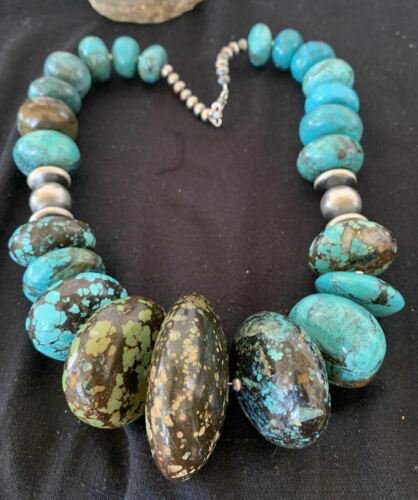 Men's Navajo Pearl Sterling Silver & Natural Blue Turquoise Graduated Necklace | Authentic Native American | 21"