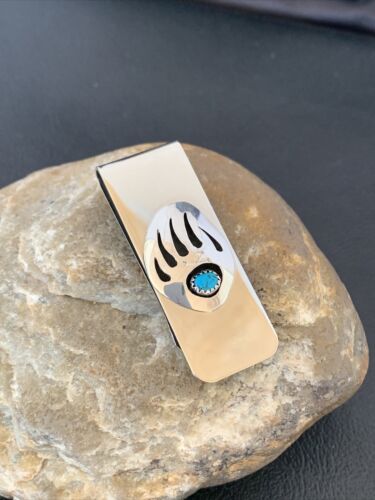 Navajo Handmade Turquoise Bear Paw Money Clip | Sterling Silver | Authentic Native American | 1568