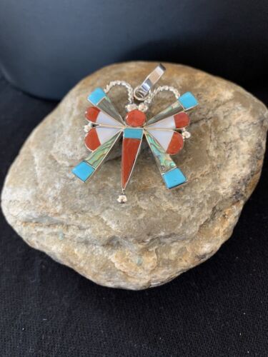 Zuni Turquoise Coral Mother of Pearl Butterfly Necklace Pin Pendant | Sterling Silver Inlay | 1368