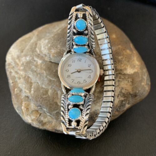 Navajo Sterling Silver Watch Tips | Blue Kingman Turquoise Band | Authentic Native American Jewelry | 11640