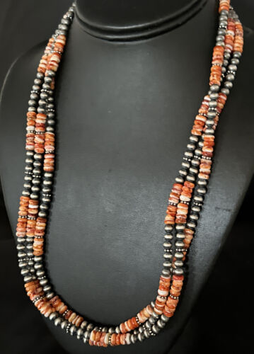 Navajo Pearls Necklace | Sterling Silver | Orange Spiny Oyster | 3-Strand | 22" | 14675