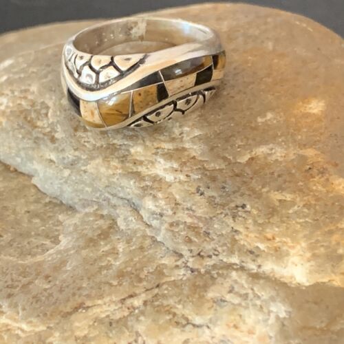 Navajo Black Onyx Coffee Tigers Eye Inlay Ring | Sterling Silver | Sz 6.5 | 10737