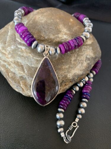 Navajo Purple Sugilite Pendant Necklace | Sterling Silver Pearls | Authentic Native American Handmade | 10330