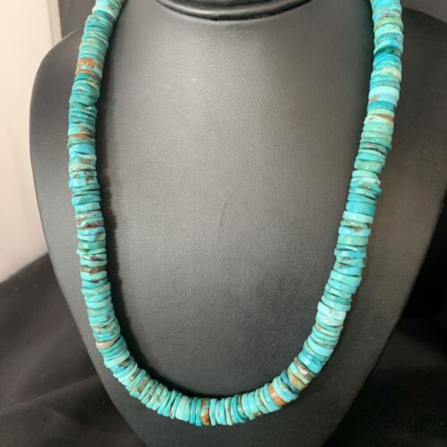 Men's Navajo Blue Turquoise Heishi Bead Necklace | Sterling Silver | 20" | Authentic Native American Handmade | 13522