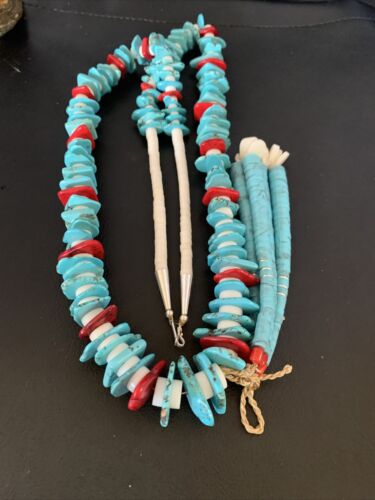 Native American Santo Domingo Blue Turquoise Red Coral Nugget Bead Jacla Necklace | 34" | 13197