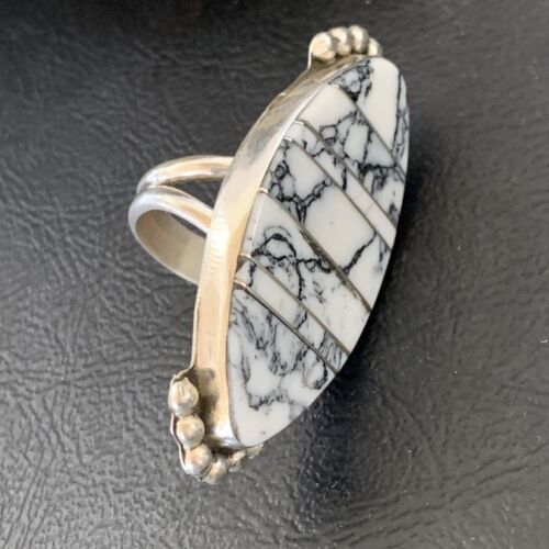 Navajo White Buffalo Turquoise Inlay Ring | Sterling Silver | Sz 6 | Authentic Native American Handmade | 12177