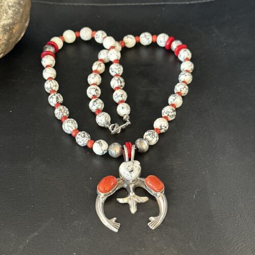 Navajo White Buffalo Turquoise Coral Naja Pendant Necklace | Sterling Silver | 22" | 14690