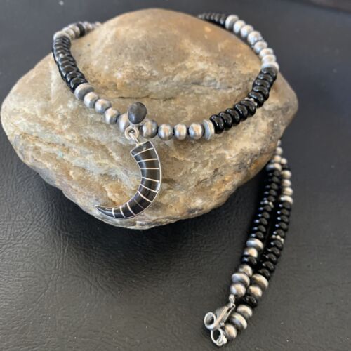 Navajo Inlay Pendant | Sterling Silver Black Onyx Necklace | Authentic Native American Handmade | 12281