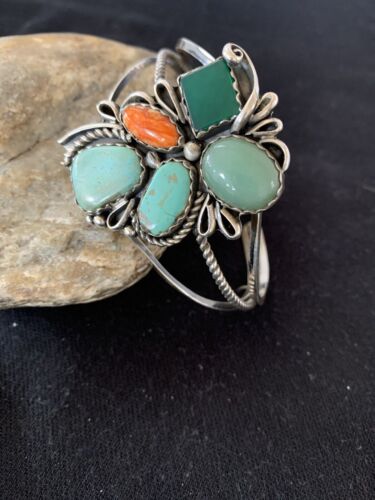 Navajo Spiny Oyster Green Turquoise Cuff Bracelet | Sterling Silver | Authentic Native American Handmade | 342