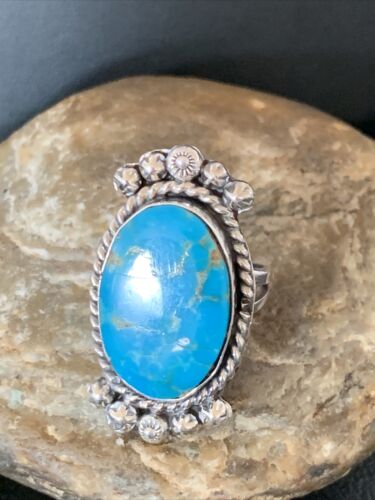 Navajo Blue Kingman Turquoise Ring | Sterling Silver | Sz 8.5 | Authentic Native American Handmade | 13378