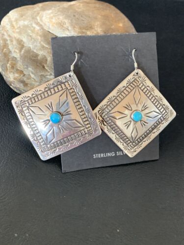 Navajo Blue Turquoise Earrings | Stamped Sterling Silver | Authentic Native American Handmade | 12912