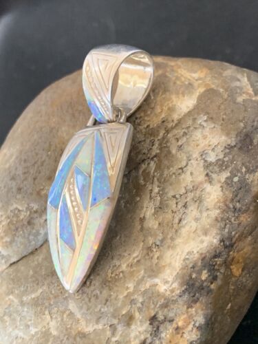 Navajo White Blue Opal Inlay Pendant | Sterling Silver | Authentic Native American Handmade | 12477