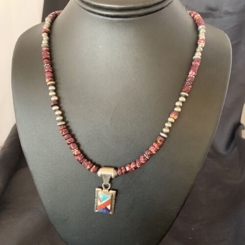Navajo Multi-Color Inlay Pendant | Sterling Silver Purple Spiny Oyster Necklace 21" | 12359