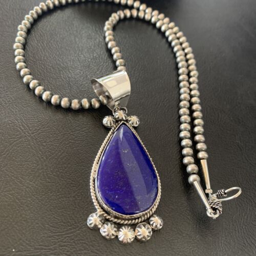 Native American Navajo Blue Lapis Pendant Necklace | Sterling Silver | Authentic Handmade | 11676 - Masha USA