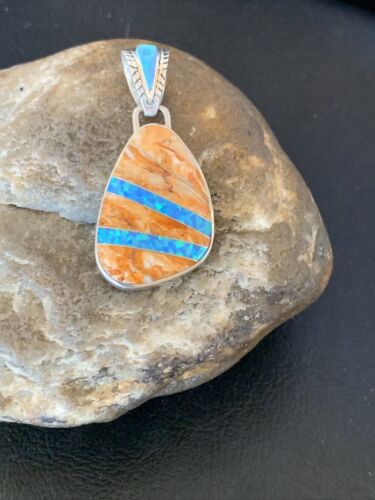 Men's Navajo Orange Spiny Oyster Blue Opal Inlay Pendant | Sterling Silver | Native American Handmade | 12487