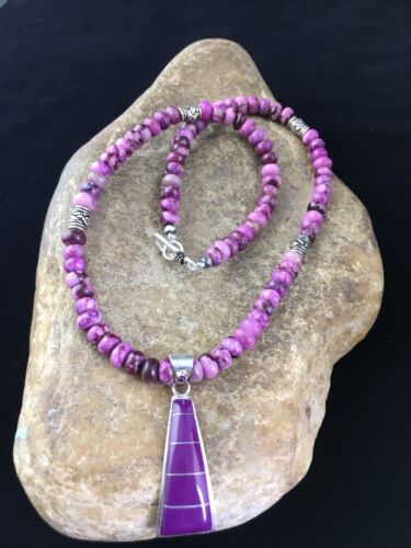 Navajo Purple Sugilite Inlay Pendant Necklace | Sterling Silver | 17" | Authentic Native American Handmade | 10008