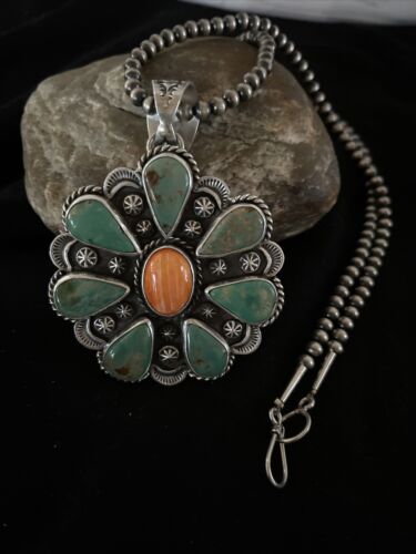 Navajo Spiny Oyster & Turquoise Cluster Pendant Necklace | Sterling Silver | Native American Handmade | 1119