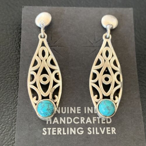 Navajo Blue Turquoise Dangle Post Earrings | Sterling Silver | 1" | Authentic Native American Handmade | 12744