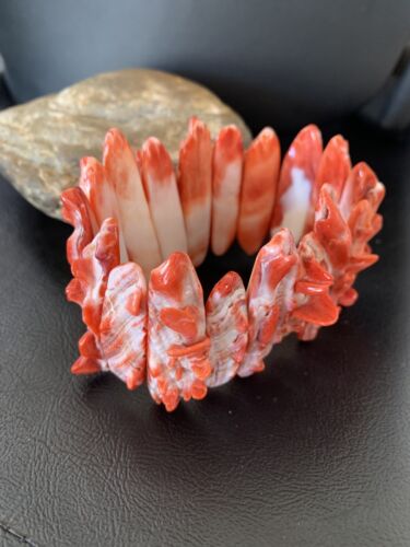 Native American Sterling Silver Red Spiny Oyster Turquoise Bracelet | Stretch | Handmade | 11831 - Masha USA