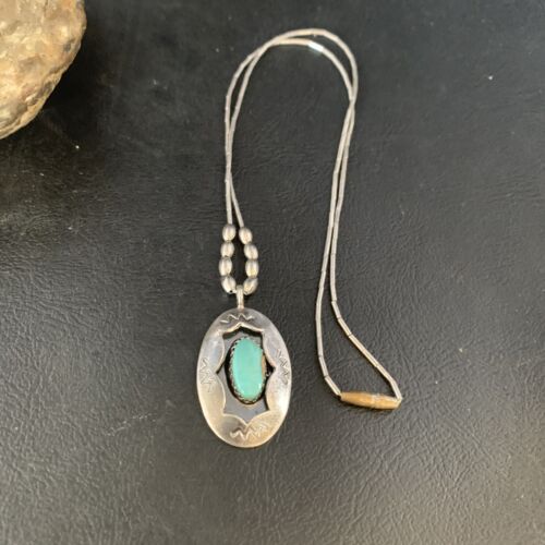 Navajo Blue Turquoise Shadowbox Pendant | Sterling Heishi Necklace | Authentic Native American Handmade | 13690