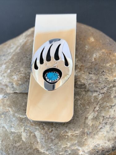Navajo Handmade Turquoise Bear Paw Money Clip | Sterling Silver | Authentic Native American | 1568