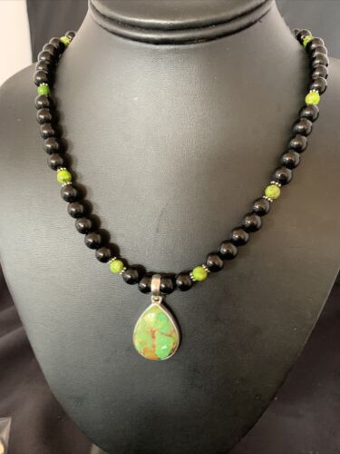Navajo Pearls Onyx Mojave Turquoise Pendant Necklace | Sterling Silver | Authentic Native American Handmade | 13253
