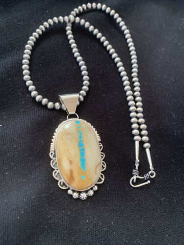 Men's Navajo Pearls Necklace | Sterling Silver Blue Boulder Turquoise Pendant | Native American Handmade | 1534
