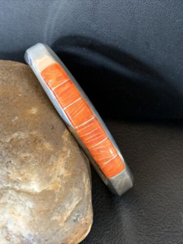 Native American Zuni Orange Spiny Oyster Inlay Cuff Bracelet | Sterling Silver | 12098