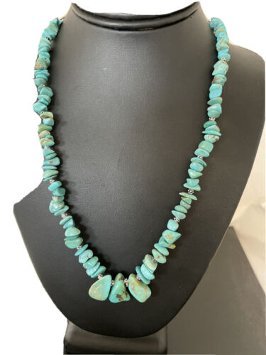Navajo Blue Turquoise Nugget Beads Necklace | Sterling Silver | Authentic Native American Handmade | 22" | 01345