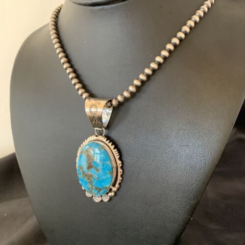 Navajo Pearls Blue Kingman Turquoise Necklace Pendant | Sterling Silver | Authentic Native American Handmade | 10765