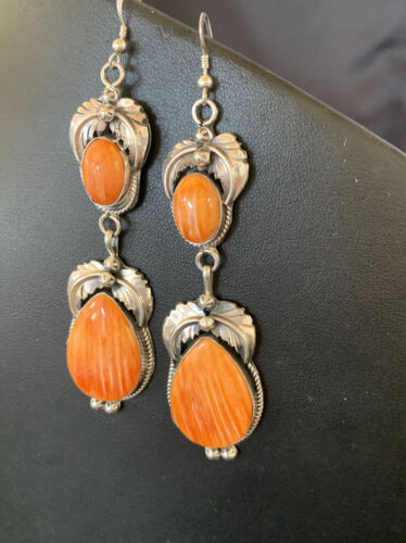 Navajo Orange Spiny Oyster Dangle Earrings | Sterling Silver | Authentic Native American Handmade | 12201