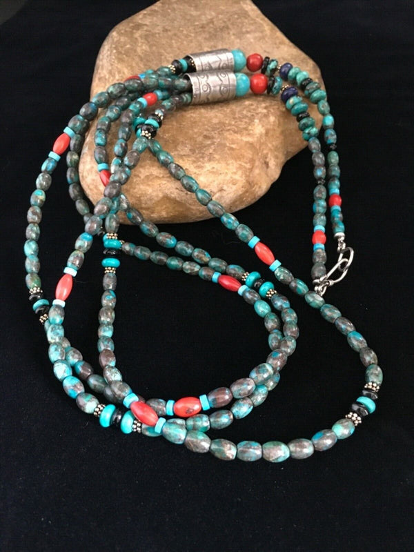 Navajo Blue Spiderweb Turquoise Coral Necklace | Sterling Silver | 3-Strand 29" | 1722