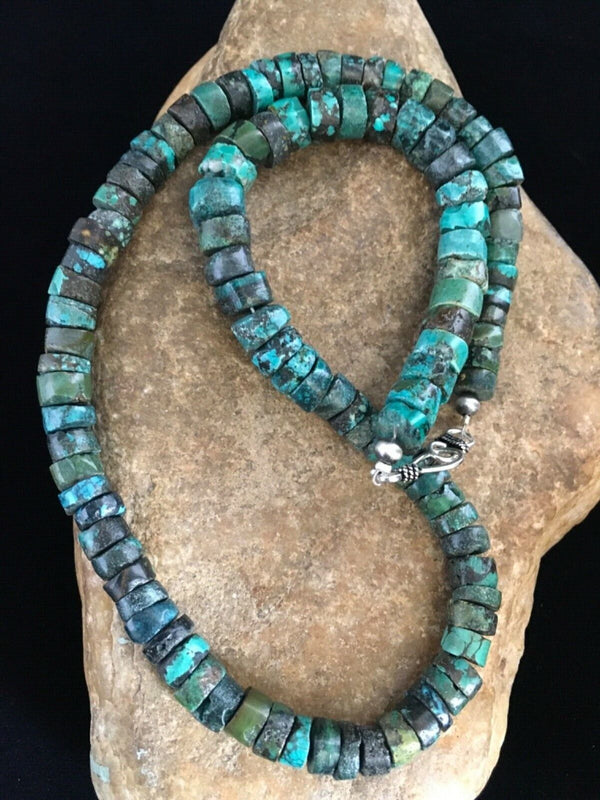 Navajo Blue Turquoise Heishi Necklace | Sterling Silver | Authentic Native American | 19" | 1754