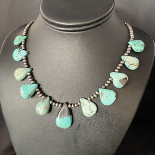 Navajo Pearls Blue Turquoise Teardrop Necklace | Sterling Silver | 20" | Authentic Native American Handmade | 13429