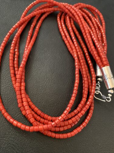 Southwestern Navajo 5-Strand Red Coral Bead Necklace | Sterling Silver | Authentic Native American Handmade | 01954