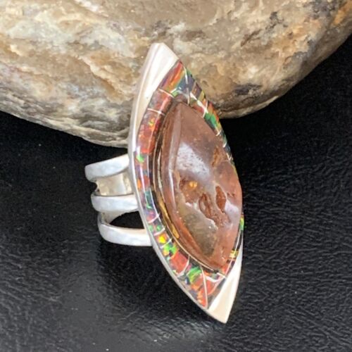 Navajo Sterling Silver Opal Inlay Ring with Amber | Sz 9 | Authentic Native American Handmade | Pomellato | 12849