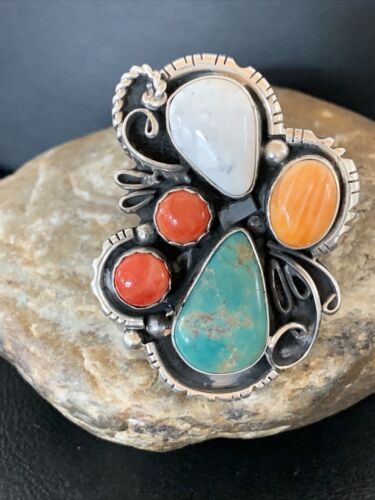 Navajo Blue Kingman Turquoise and Spiny Oyster Ring | Authentic Native American Sterling Silver | Multi-Stone | Sz 12.5 | 02163